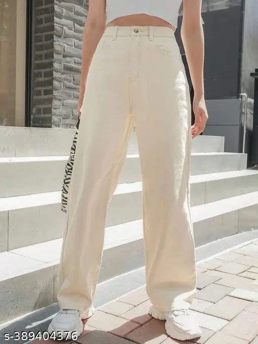H&H Stylish Cream Non-Stretchable Wide Legs Womens Jeans For Regular Wear | Jeans | Women Jeans | Bootcut |