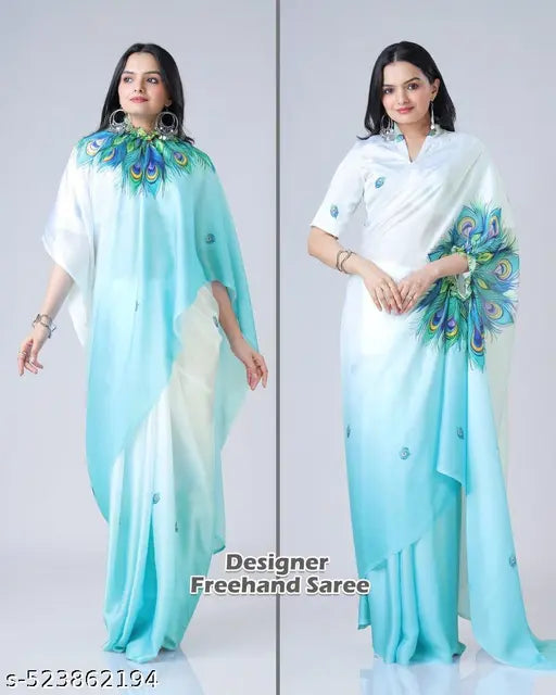 New satin silk Digital print Free hand saree