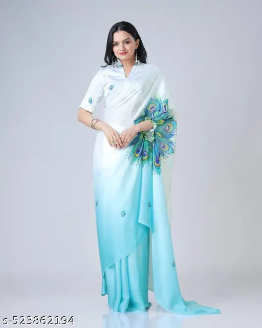 New satin silk Digital print Free hand saree