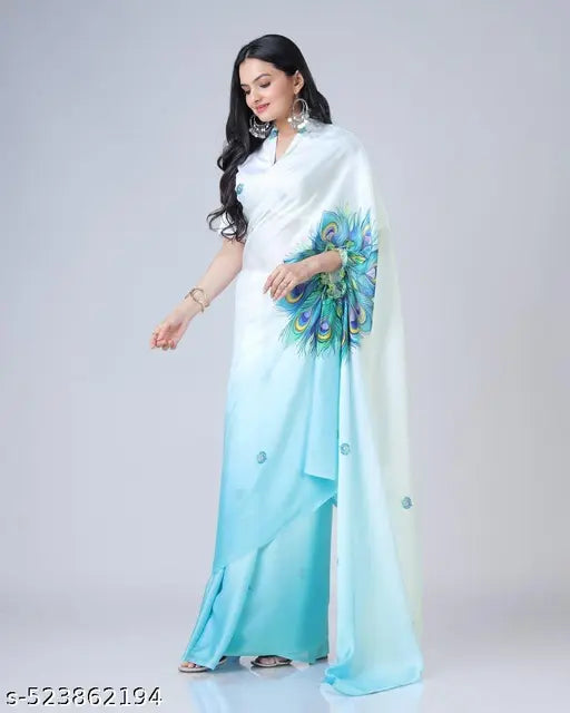 New satin silk Digital print Free hand saree