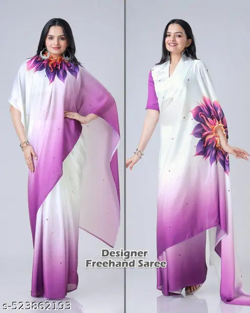 New satin silk Digital print Free hand saree