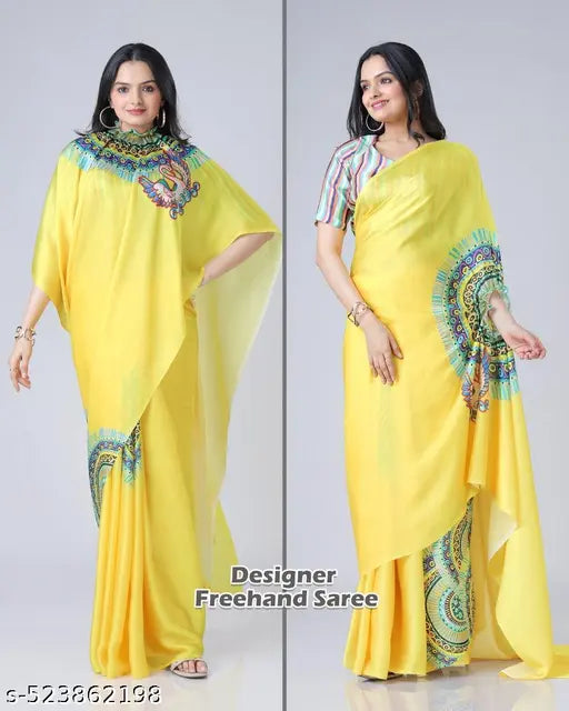 New satin silk Digital print Free hand saree